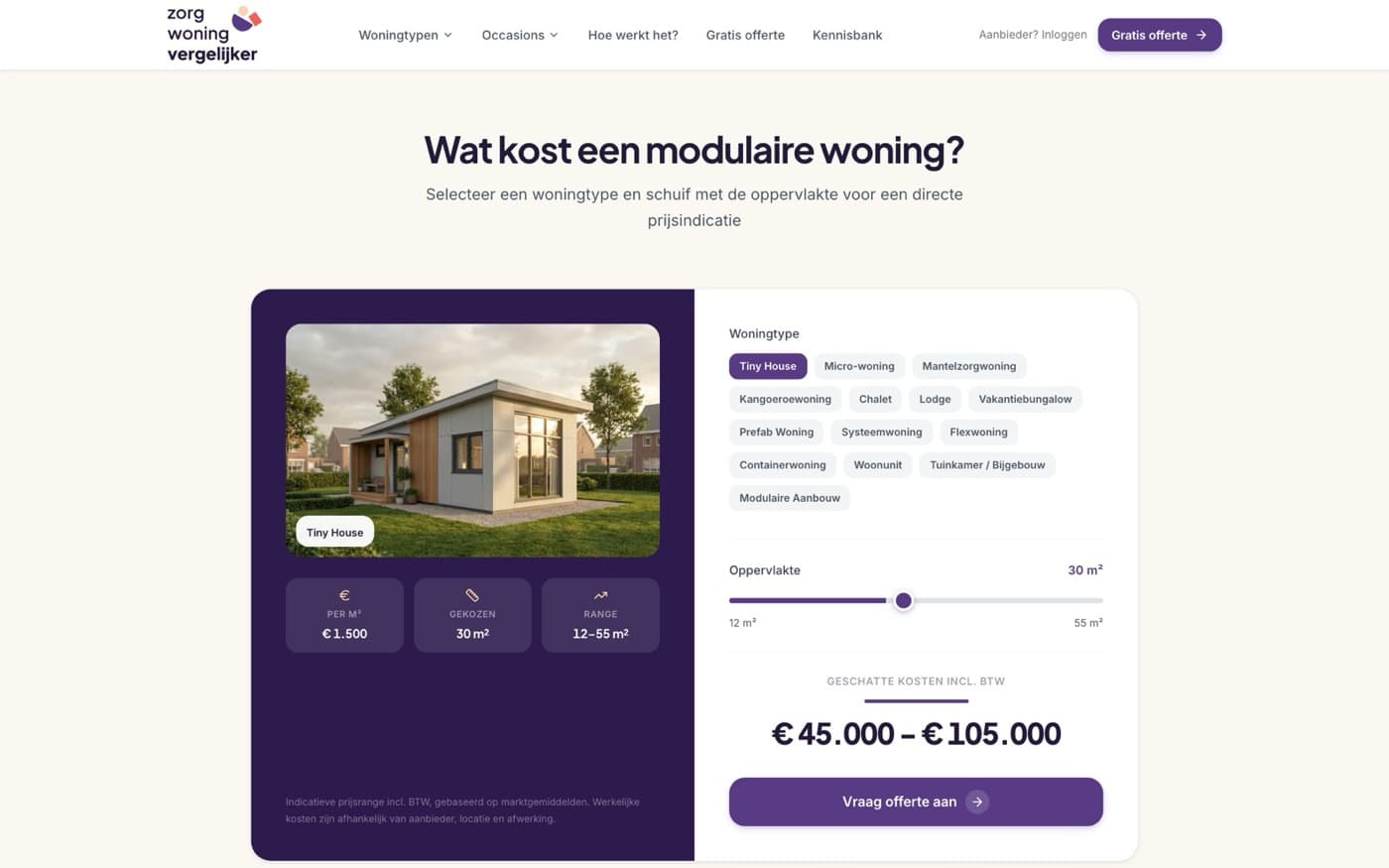 Sectie uit de website van Zorgwoningvergelijker